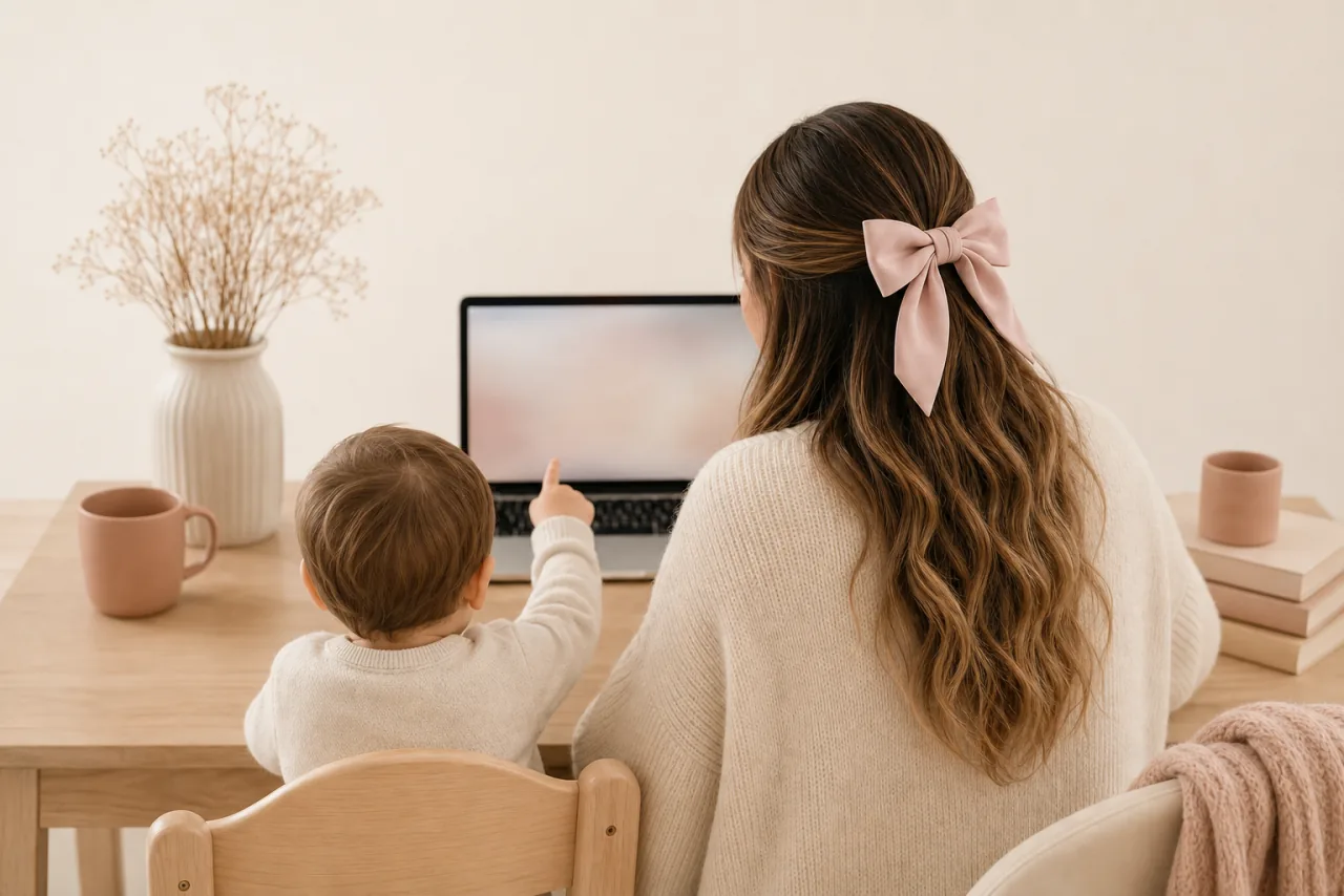 Ilustración de una mamá y su hijo compartiendo un momento frente a un computador.